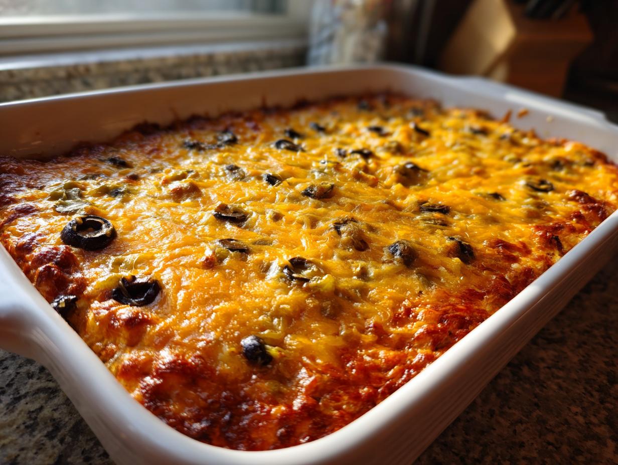 Close-up of bubbling, cheesy texas trash dip topped with melted cheddar and black olives in a white baking dish.