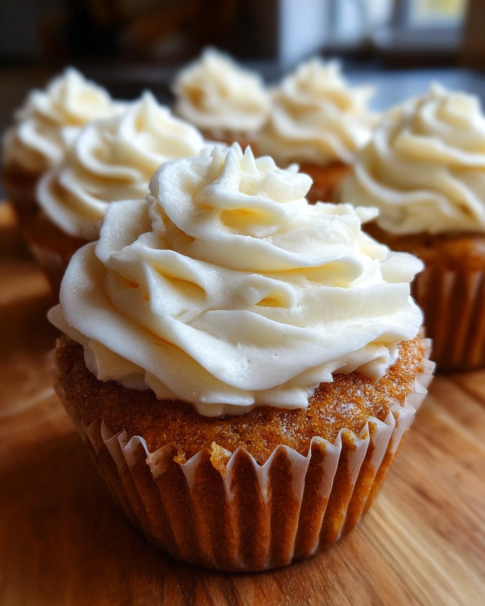 A close-up of one perfectly frosted banana cupcakes with creamy white frosting, with more banana cupcakes blurred in the background.
