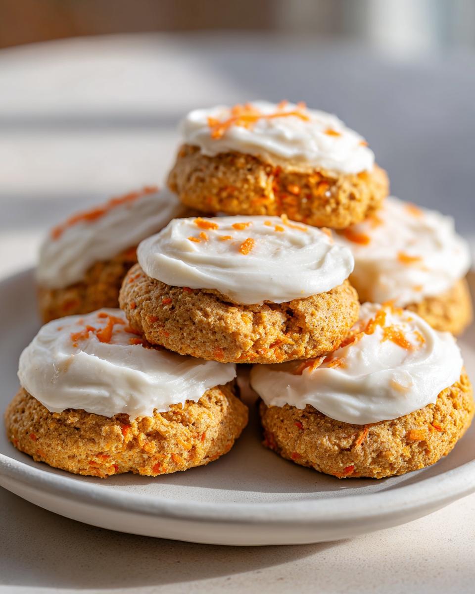 A stack of freshly baked carrot cake cookies topped with thick cream cheese frosting and shredded carrots.