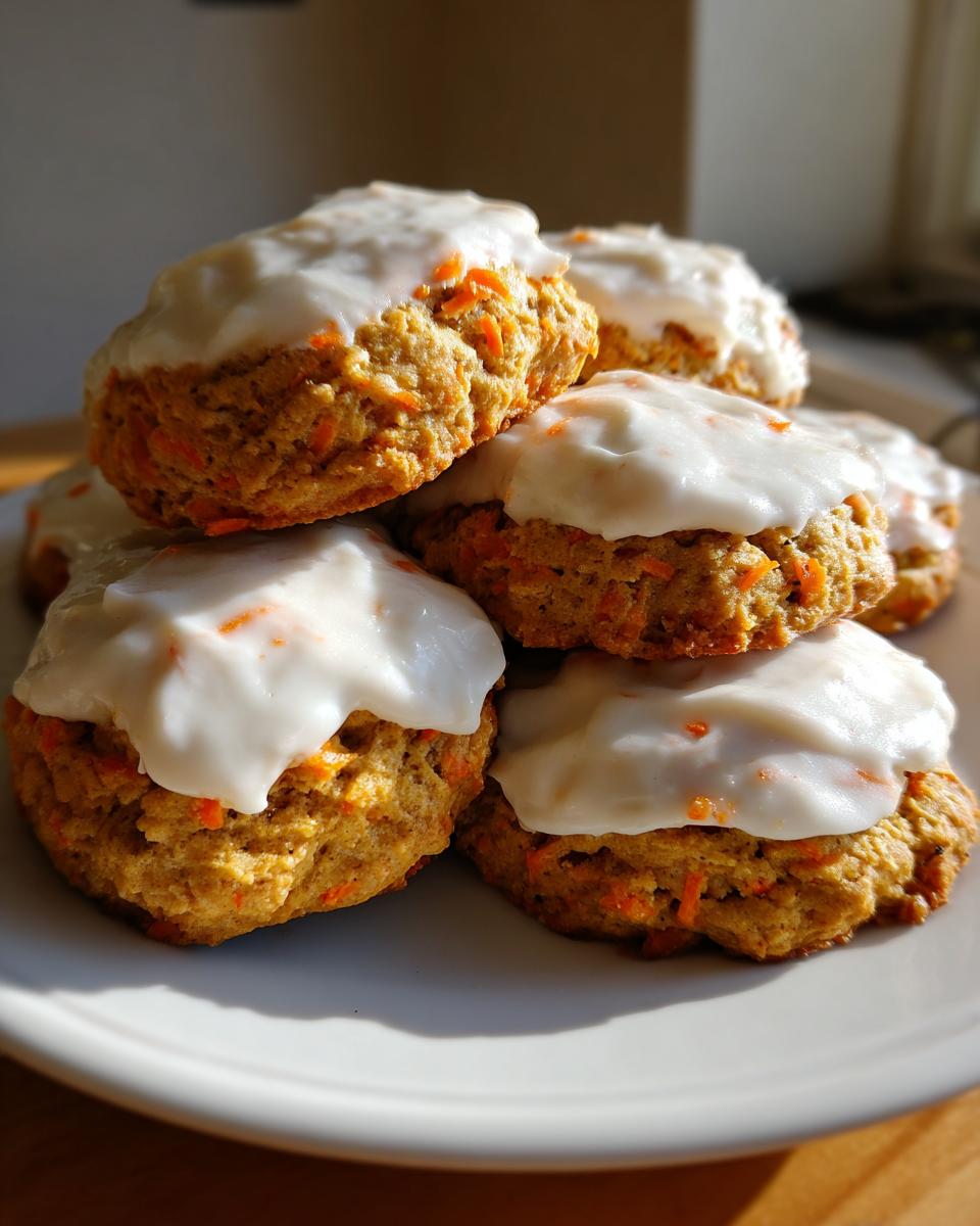 A stack of freshly baked carrot cake cookies topped with thick white cream cheese frosting.