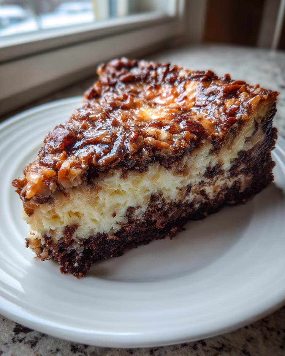 A decadent slice of german chocolate cheesecake with a thick, gooey pecan topping on a white plate.