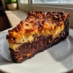 A decadent slice of german chocolate cheesecake showing a dark chocolate base, creamy layer, and toasted coconut topping.