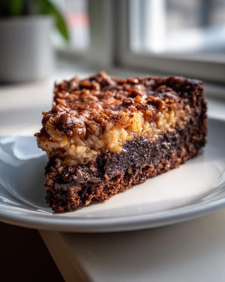 A thick slice of german chocolate cheesecake featuring a dark chocolate base and a rich coconut-pecan topping.