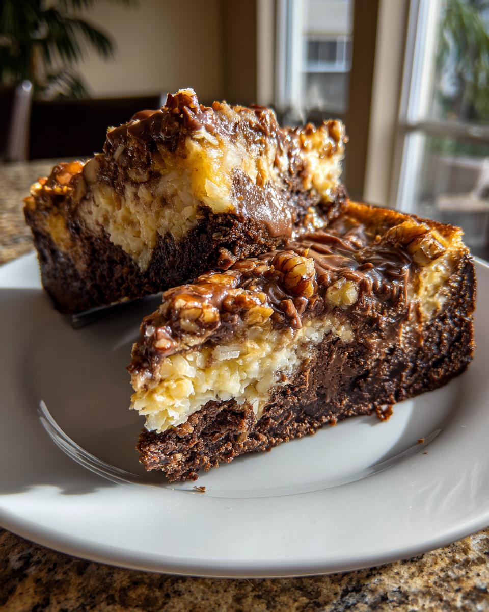 Two rich slices of german chocolate cheesecake showing a dark chocolate base, creamy coconut layer, and pecan topping.
