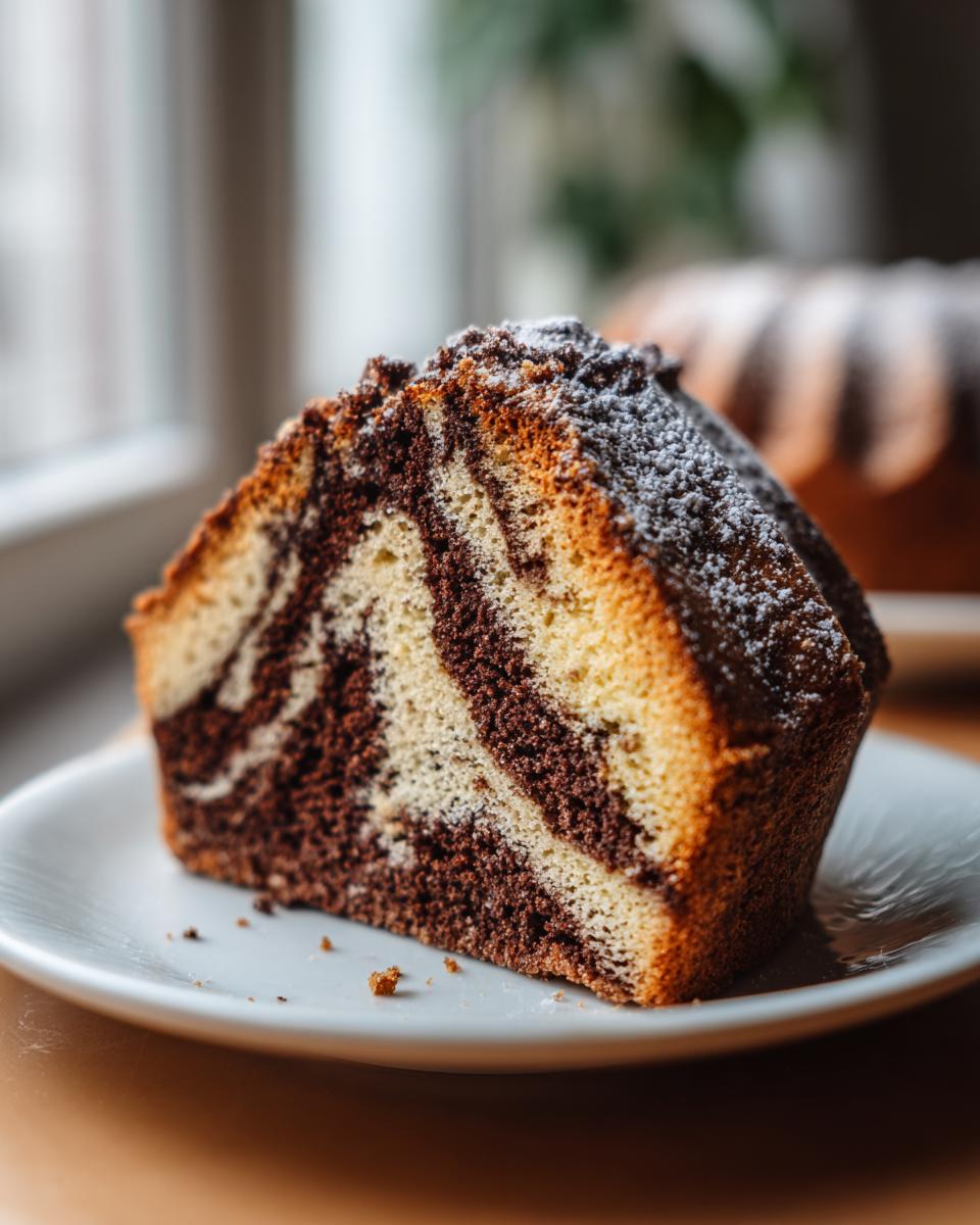 Close-up of a moist slice of german marble cake showing distinct vanilla and chocolate swirls, dusted with powdered sugar.