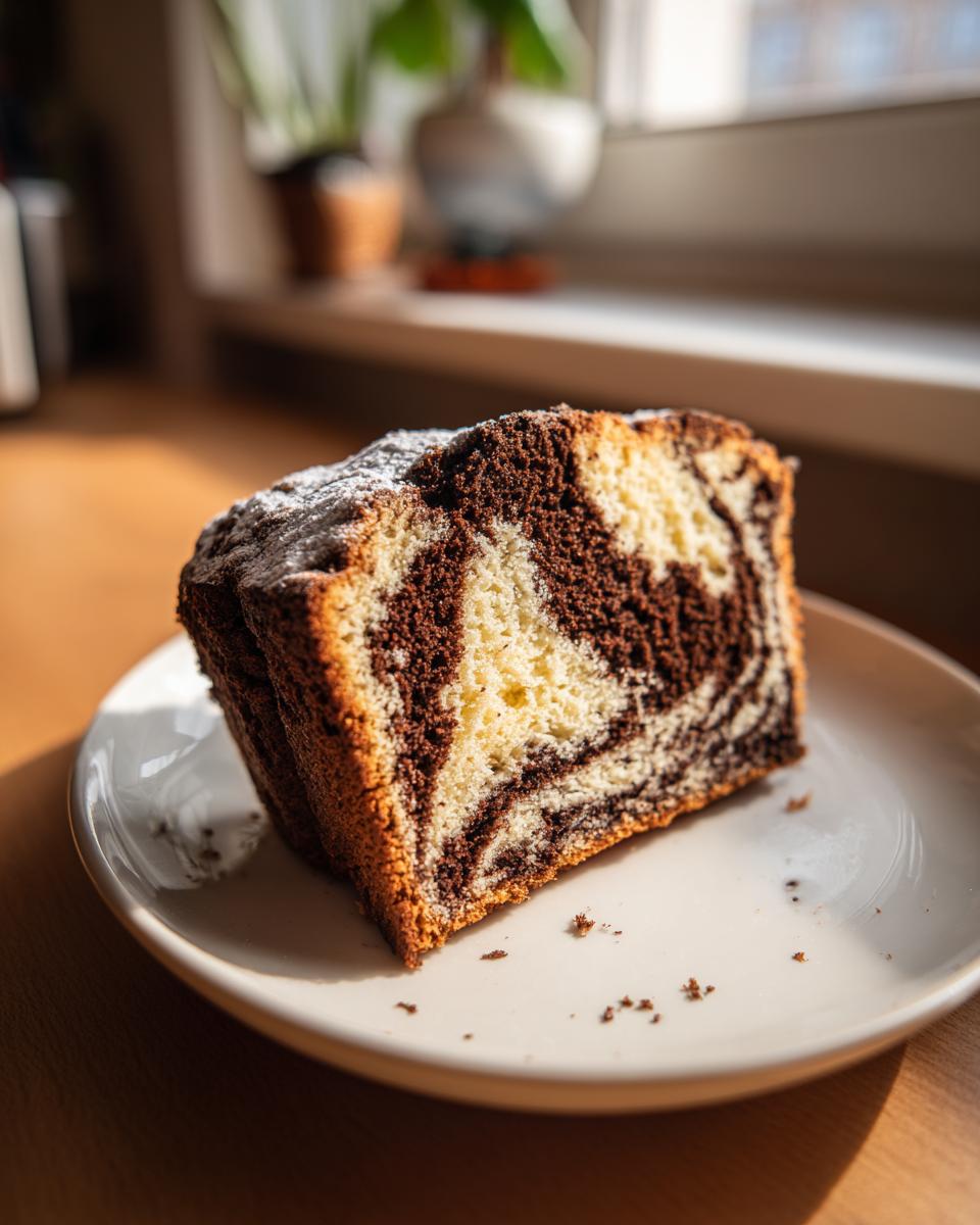 A close-up of a moist slice of german marble cake dusted with powdered sugar, sitting on a white plate.