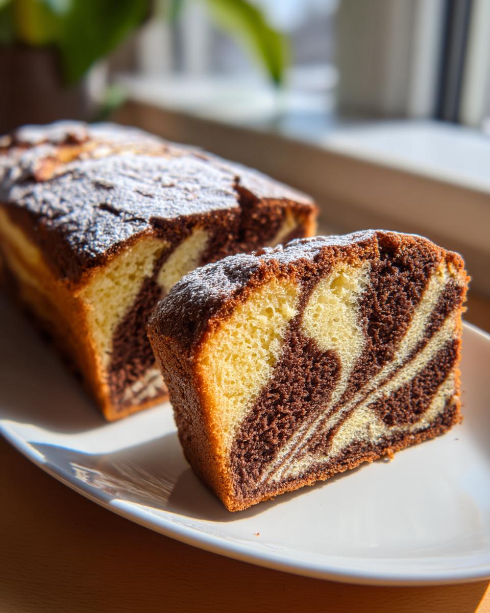 Close-up of a slice of moist german marble cake showing the beautiful vanilla and chocolate swirl, dusted with powdered sugar.
