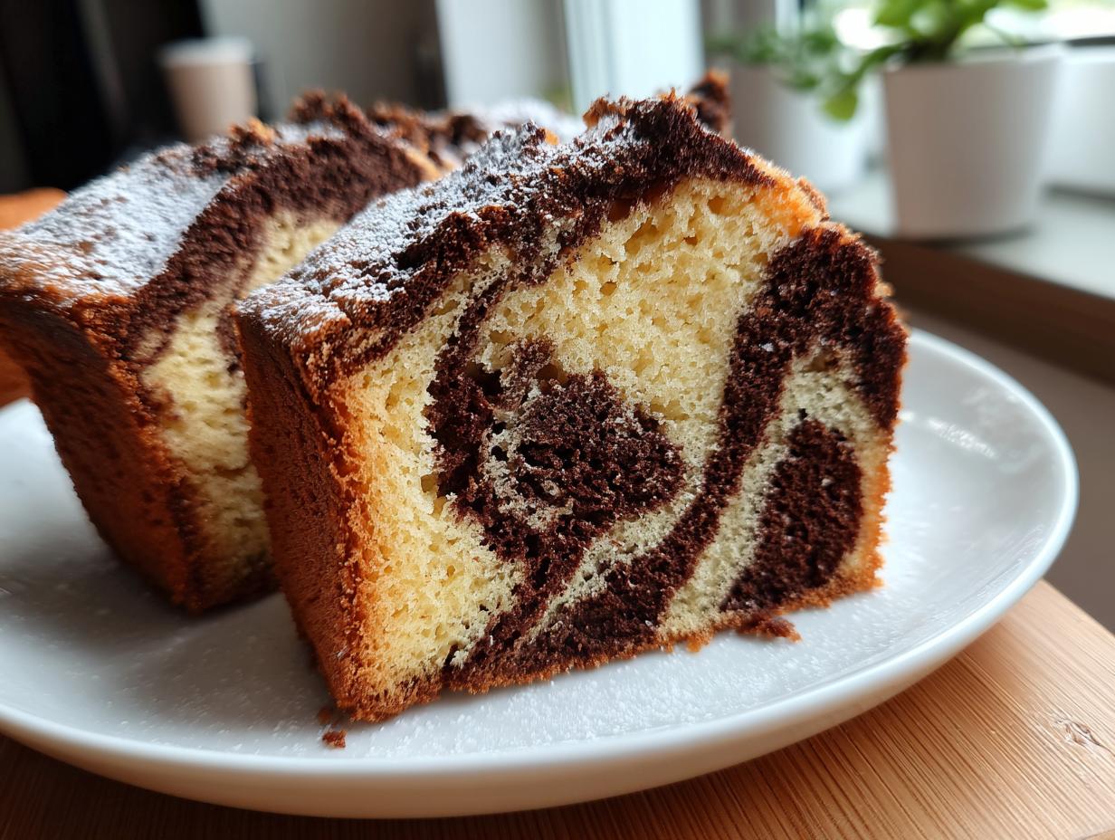 Close-up of two slices of moist german marble cake showing distinct vanilla and chocolate swirls, dusted with powdered sugar.
