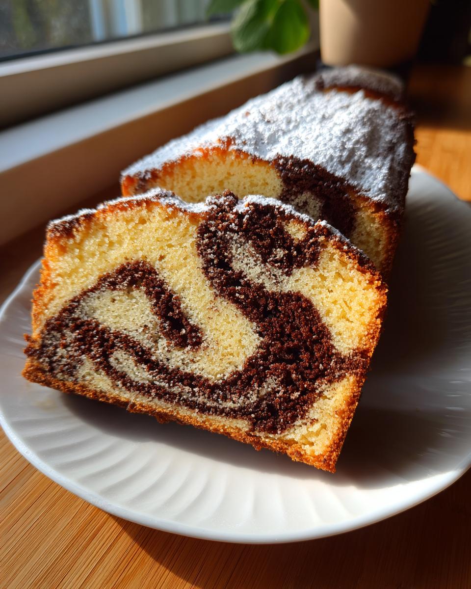 A close-up of a sliced german marble cake dusted with powdered sugar, showing the classic vanilla and chocolate swirl pattern.