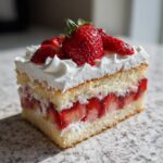A close-up slice of amazing german strawberry cake showing layers of sponge, whipped cream, and fresh strawberries.