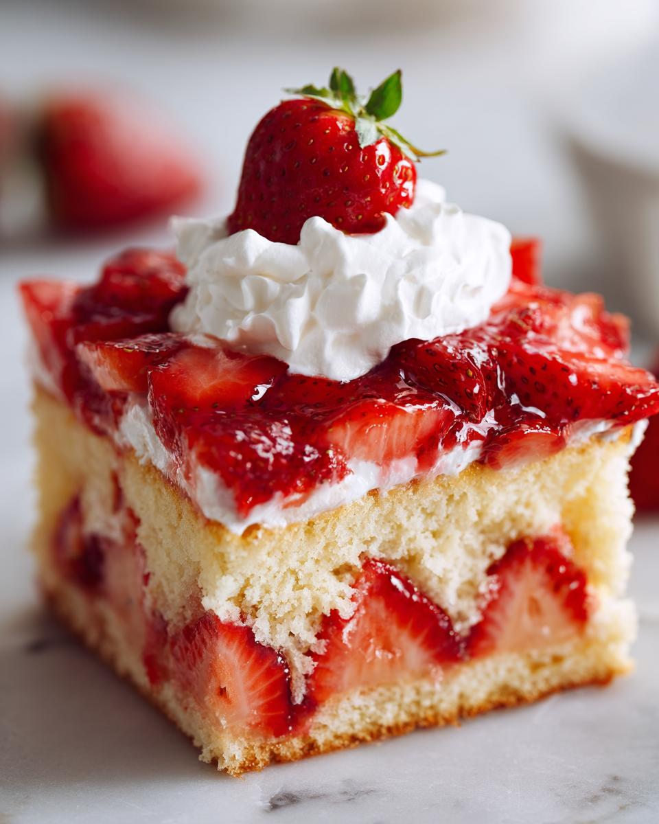 Close-up of a moist slice of german strawberry cake layered with fresh strawberries and topped with whipped cream and a whole strawberry.