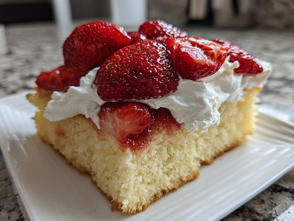 Close-up of a moist slice of german strawberry cake topped with fresh strawberries and whipped cream on a white plate.