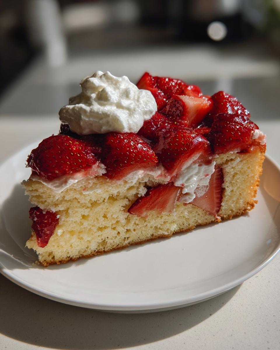 A close-up of a moist slice of german strawberry cake layered with fresh strawberries and topped with whipped cream.