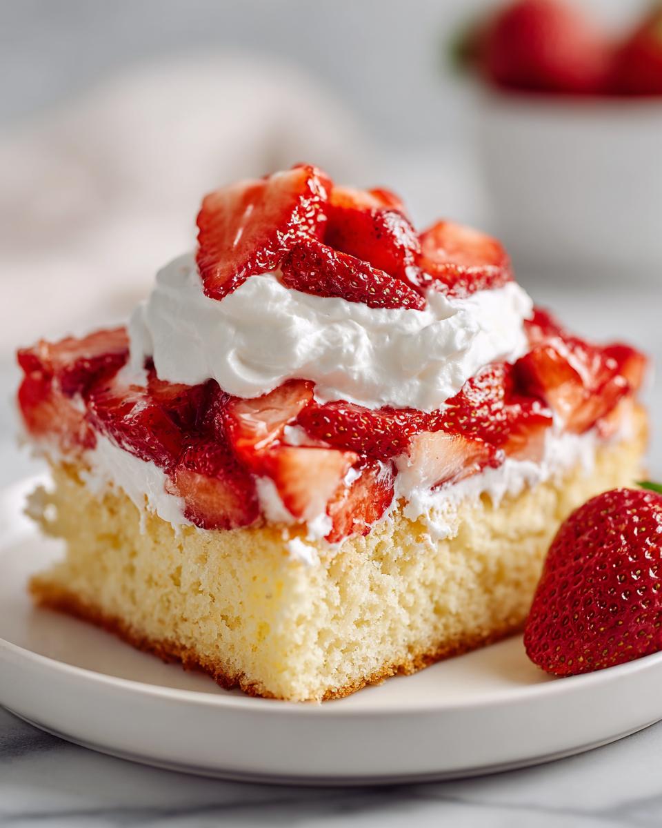 Close-up of a square slice of moist german strawberry cake topped with whipped cream and fresh sliced strawberries.