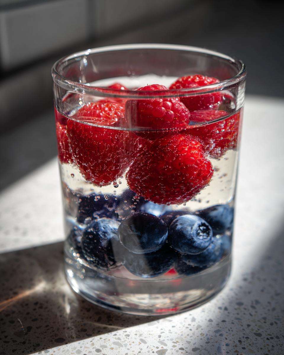 Close-up of a glass containing clear liquid, layered with blueberries on the bottom and raspberries floating above, representing a patriotic punch.