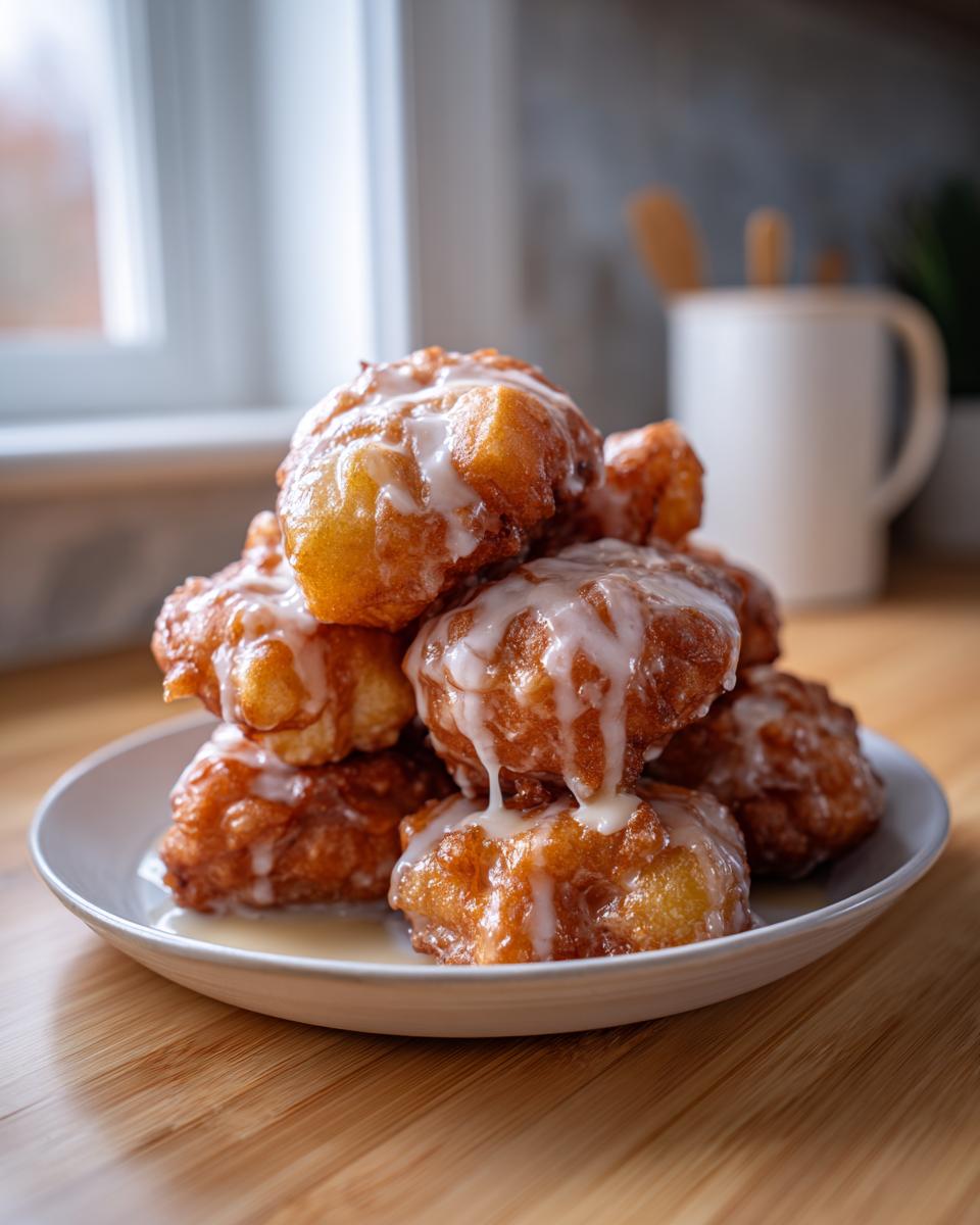 A stack of golden brown, glazed apple fritter treats piled high on a small white plate.