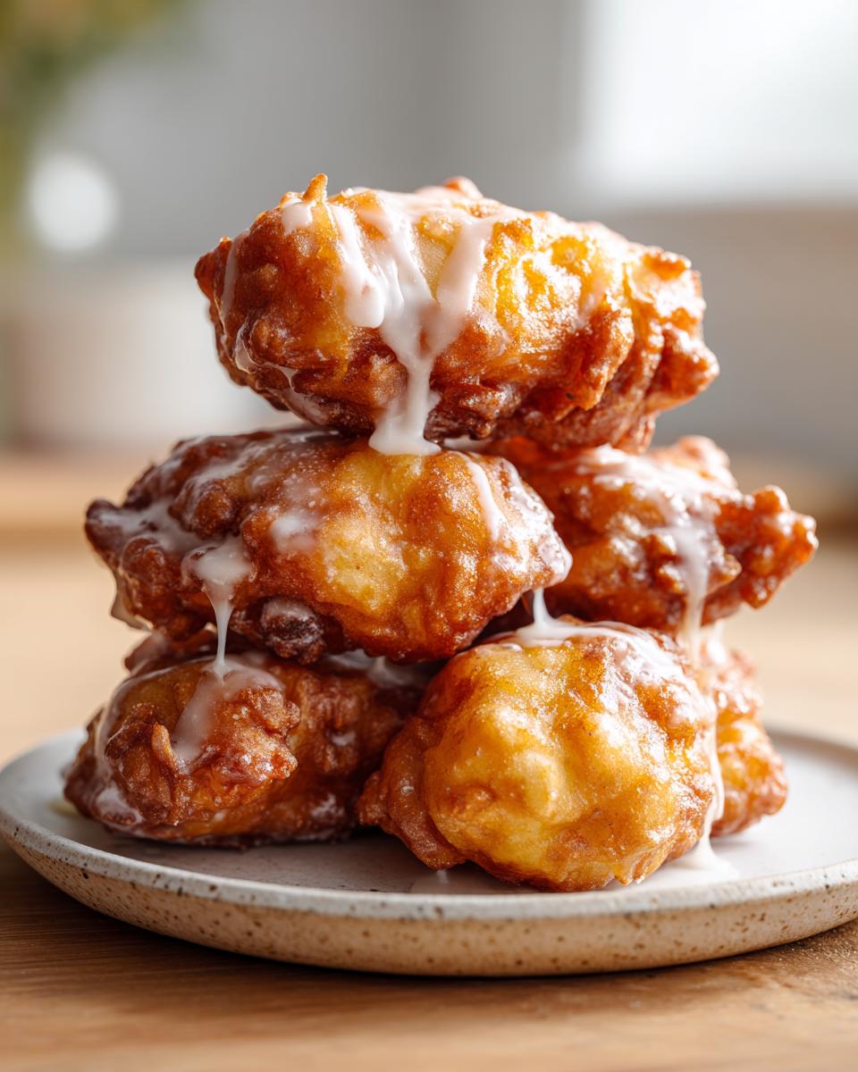 A tempting stack of golden brown, glazed apple fritter piled high on a speckled plate.