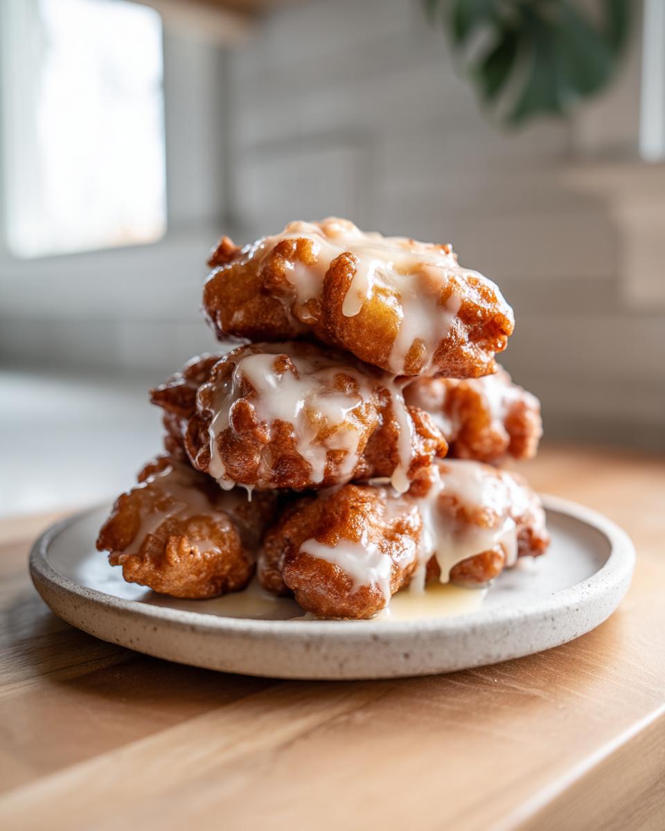 A stack of golden brown, freshly fried apple fritter pastries drizzled generously with white glaze.
