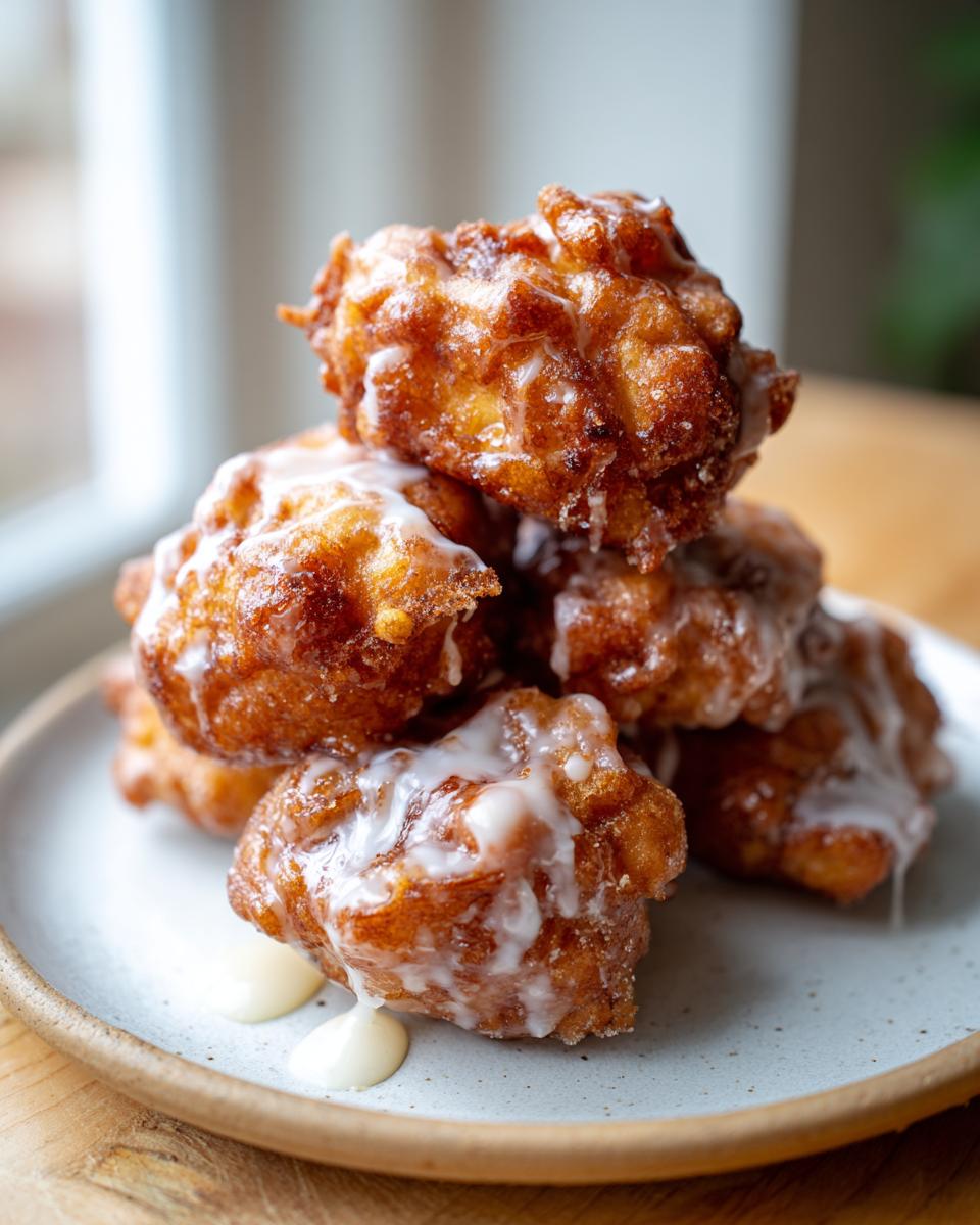 A stack of golden brown, freshly fried apple fritter pieces drizzled generously with white vanilla glaze.