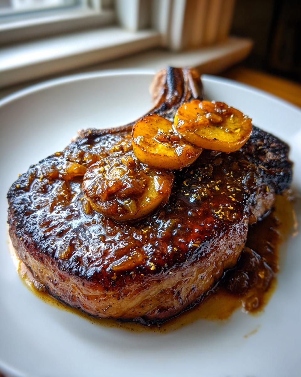 Close-up of a thick, seared bone-in apple pork chops covered in a rich, glossy apple glaze and topped with caramelized apple slices.