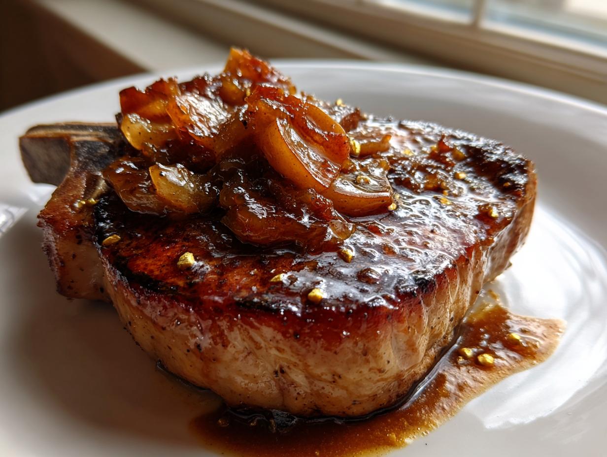 Close-up of a thick, seared pork chop covered in a rich glaze and topped with caramelized apple slices for apple pork chops.