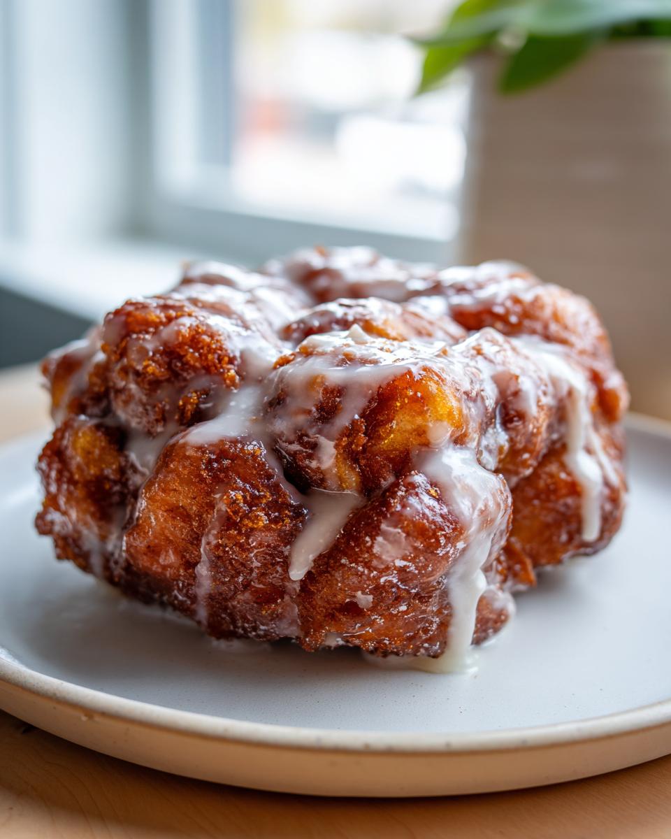 A close-up of a freshly made, golden-brown big apple fritter generously drizzled with white glaze.