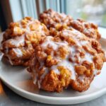 Four golden brown, textured big apple fritters generously drizzled with white glaze, sitting on a light gray plate.