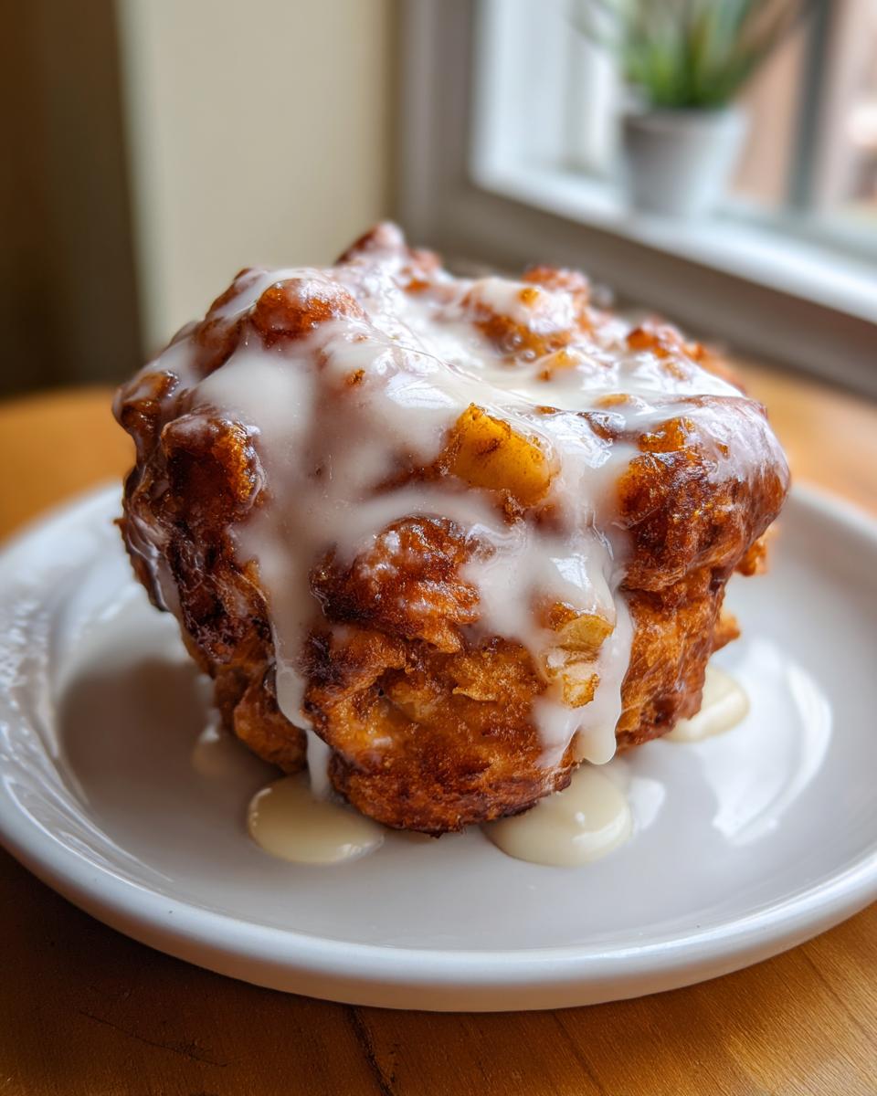 A close-up of a single, golden-brown big apple fritter generously drizzled with white glaze, resting on a white plate.