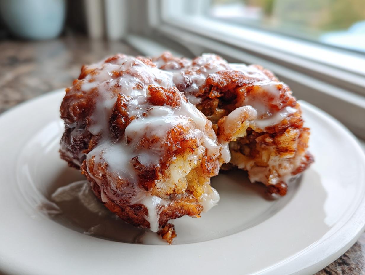 Two delicious big apple fritters, drizzled with thick white glaze, resting on a white plate near a window.
