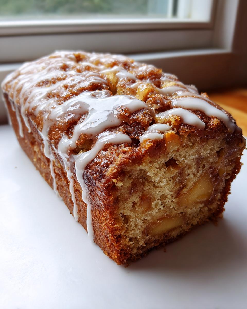 A freshly baked loaf of country apple fritter bread drizzled with white glaze, showing apple chunks inside.