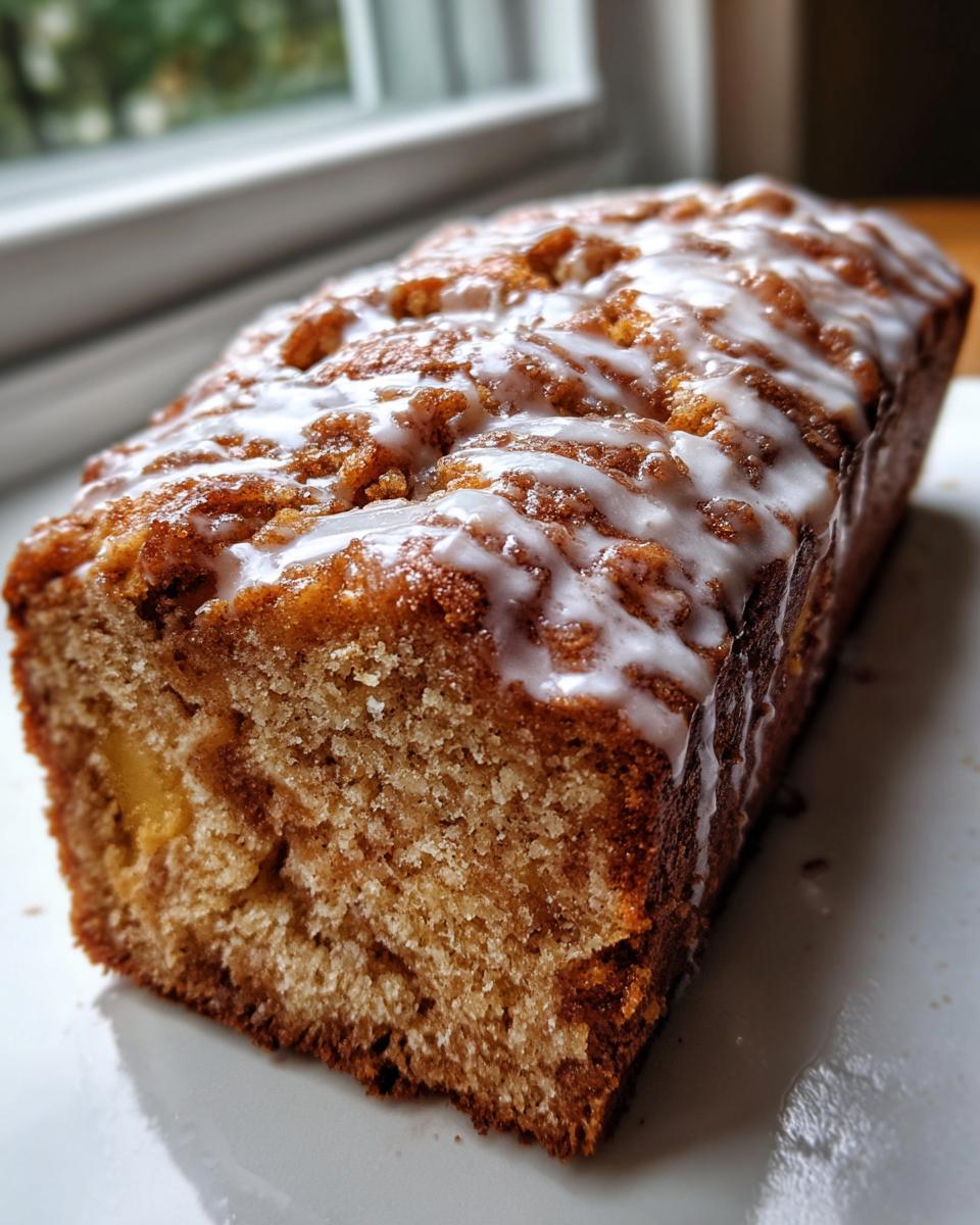 A close-up view of a freshly baked country apple fritter bread loaf drizzled with white icing.