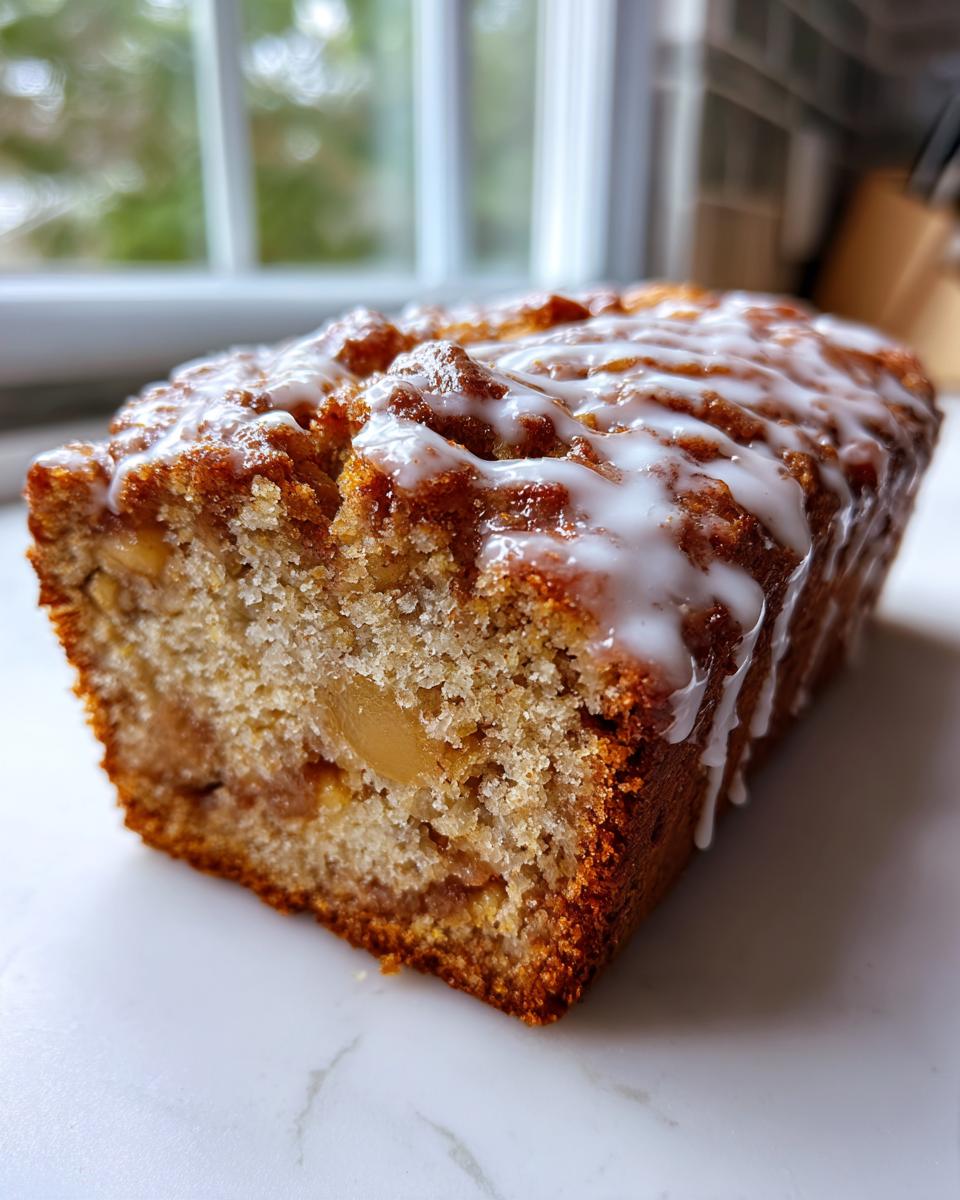 Close-up of a freshly baked country apple fritter bread loaf drizzled with white glaze.