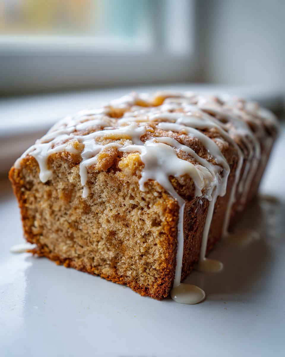 A close-up of a freshly baked country apple fritter bread loaf drizzled with white icing.