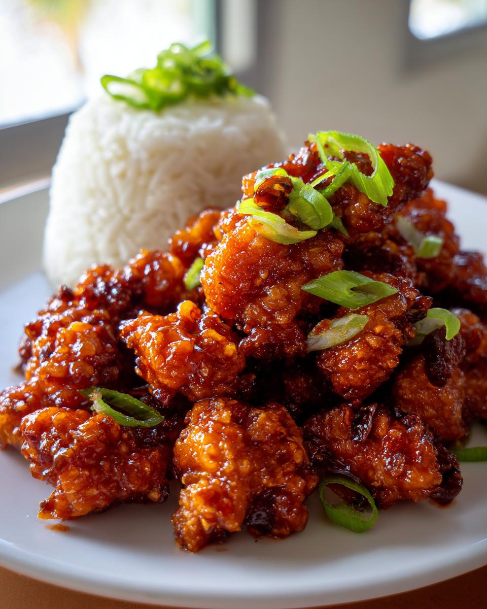 A plate featuring crispy, glazed orange chicken pieces served next to a mound of white steamed rice, garnished with green onions.