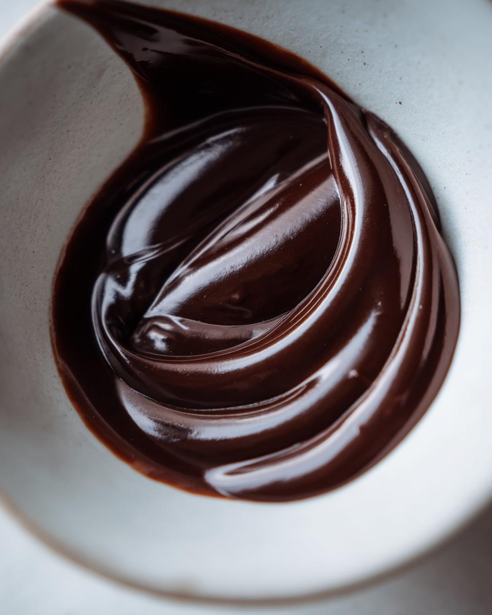 Close-up, overhead shot of glossy, dark chocolate ganache swirled inside a light-colored bowl.