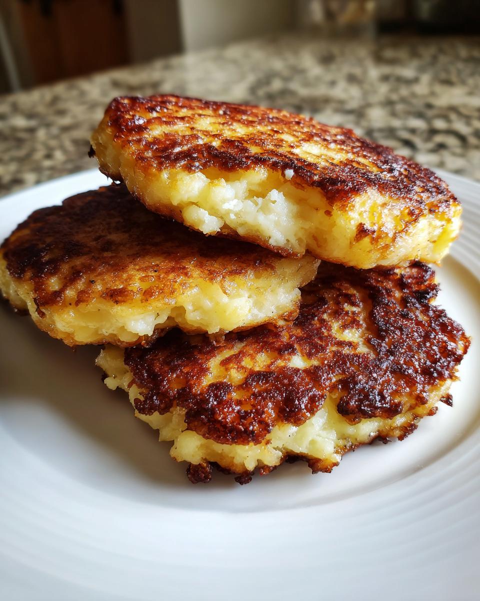 Three perfectly pan-fried mashed potato cakes stacked on a white plate, showing a crispy, golden-brown exterior.