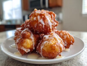 A stack of freshly fried, golden brown apple fritter pieces drizzled generously with white glaze, served on a white plate.