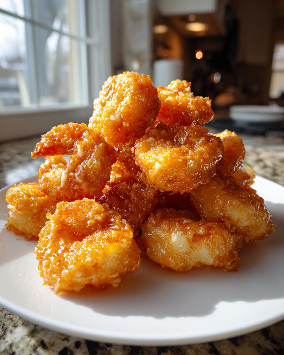 A mound of crispy, glazed bang bang shrimp piled high on a white plate, catching bright sunlight.