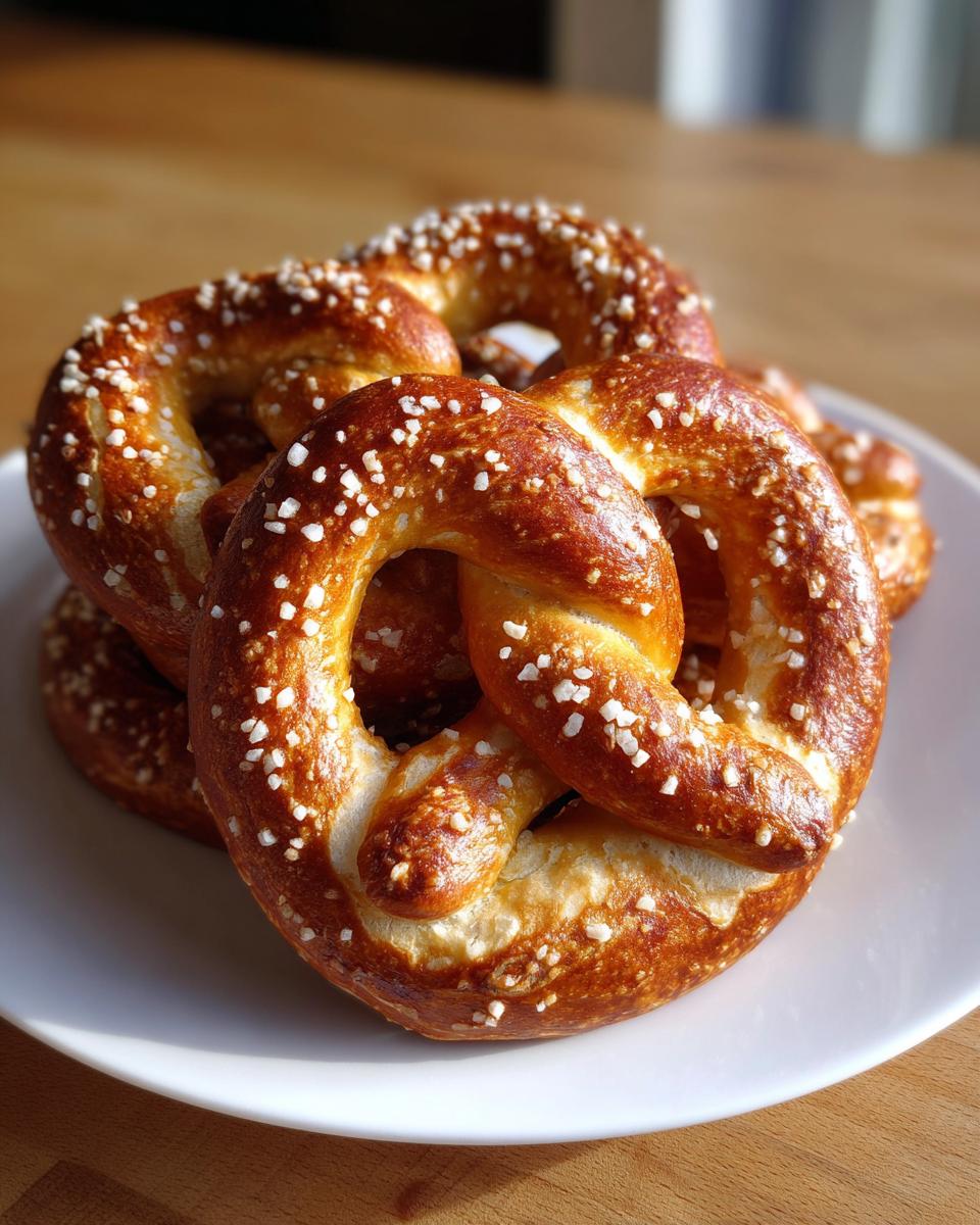 Close-up of several golden-brown high-protein high-fiber pretzels topped with coarse salt on a white plate.