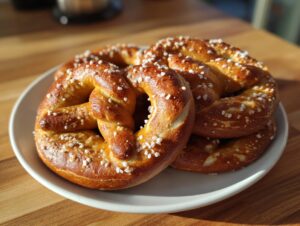 Close-up of three golden brown high-protein high-fiber pretzels sprinkled with coarse salt on a white plate.
