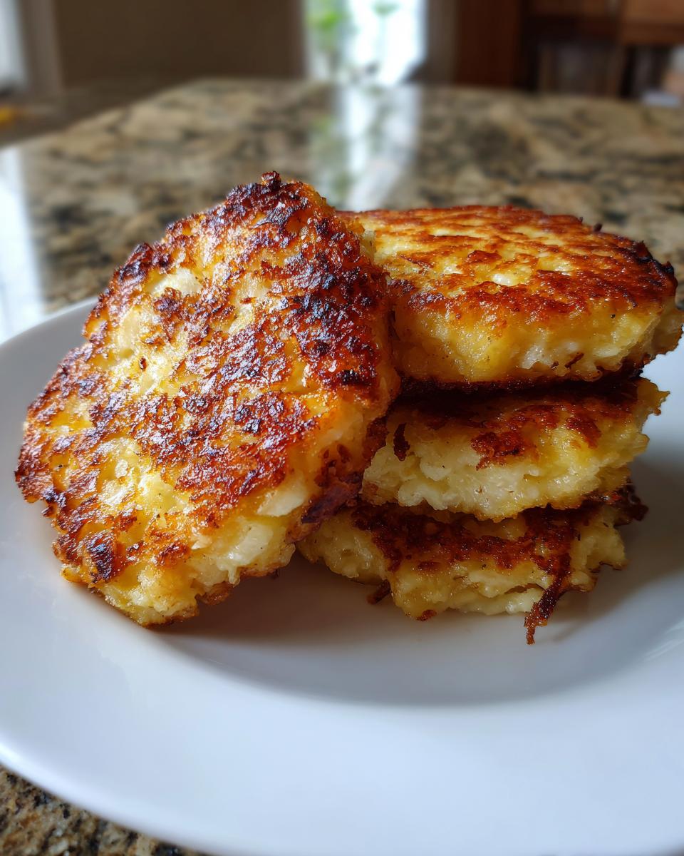 A stack of four perfectly pan-fried mashed potato cakes with a crispy, golden-brown exterior.