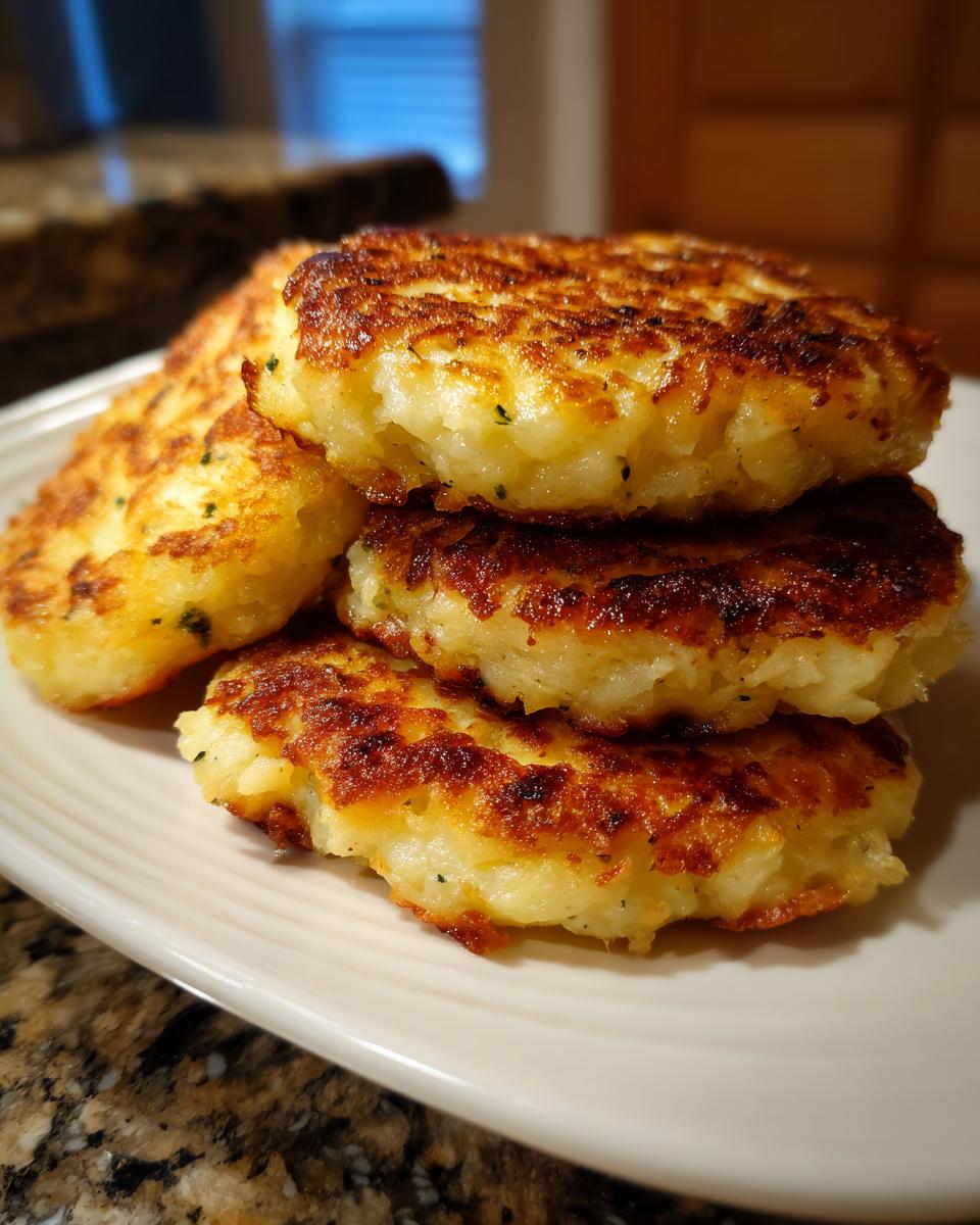 A stack of four perfectly pan-fried, golden brown mashed potato cakes on a white plate.