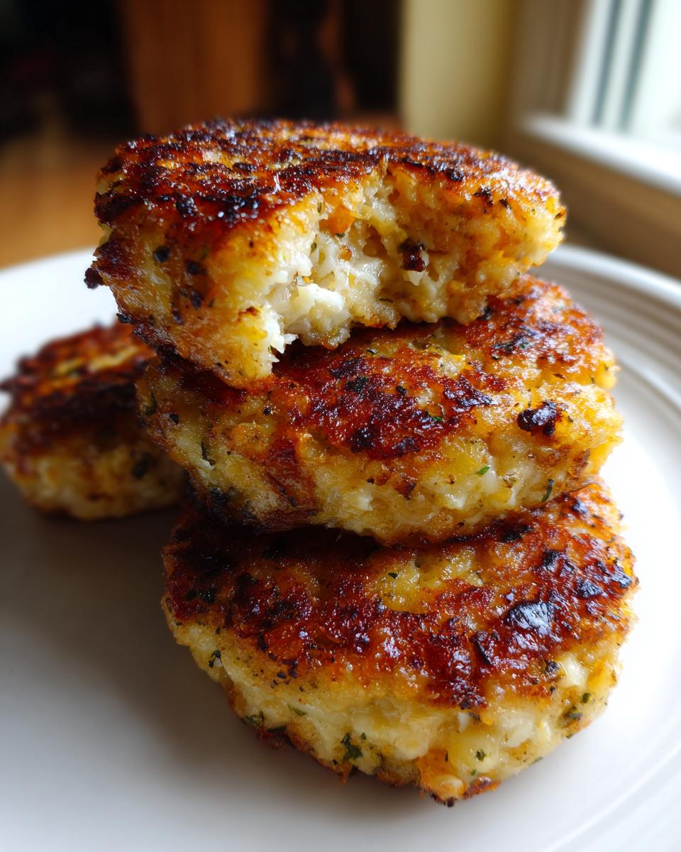 A stack of three golden brown, pan-fried mashed potato cakes, with the top one broken open showing the fluffy interior.
