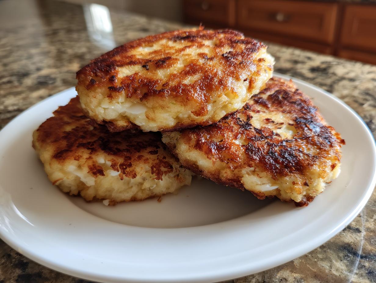 Three golden brown, pan-fried mashed potato cakes stacked on a white plate, ready to eat.