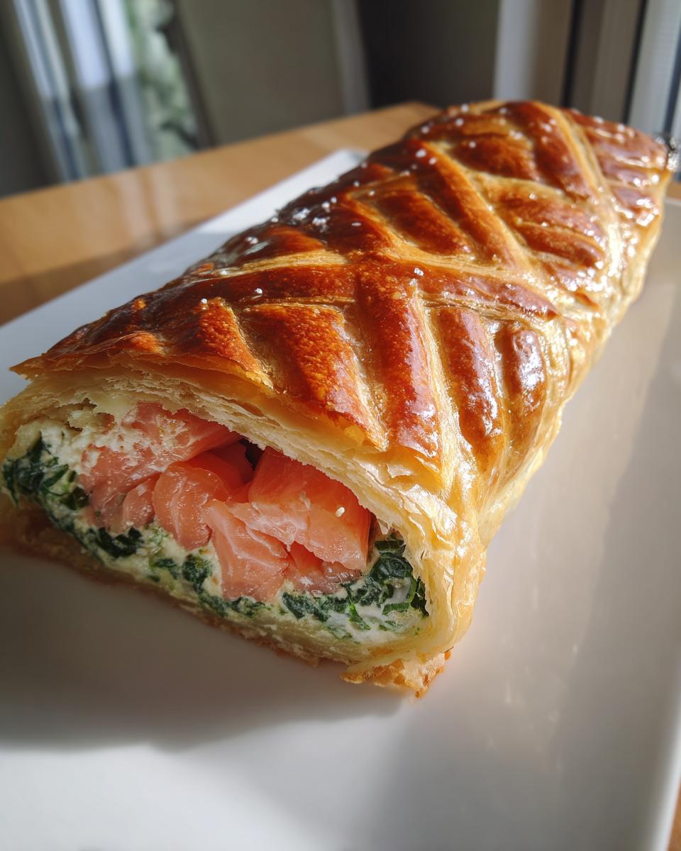A golden-brown, lattice-topped salmon wellington cut open to show chunks of pink salmon and creamy spinach filling.