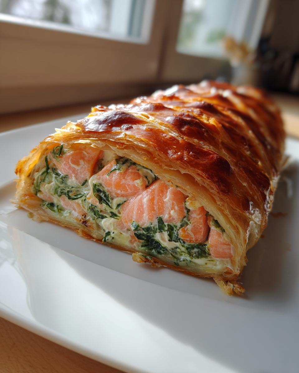Close-up of a freshly baked salmon wellington showing flaky pastry and vibrant salmon chunks mixed with spinach.