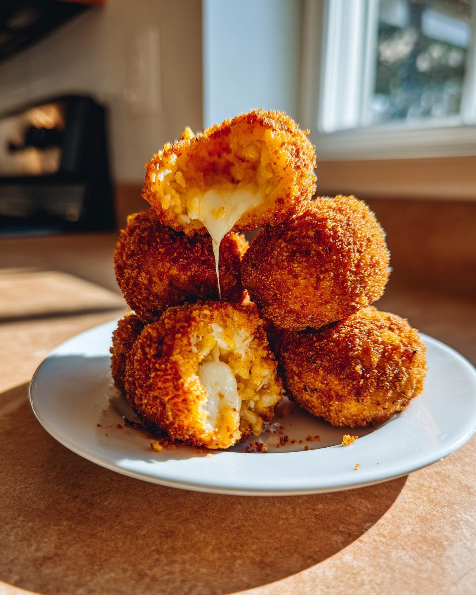 Stack of crispy golden air fryer arancini balls with melted cheese oozing out of a broken one.