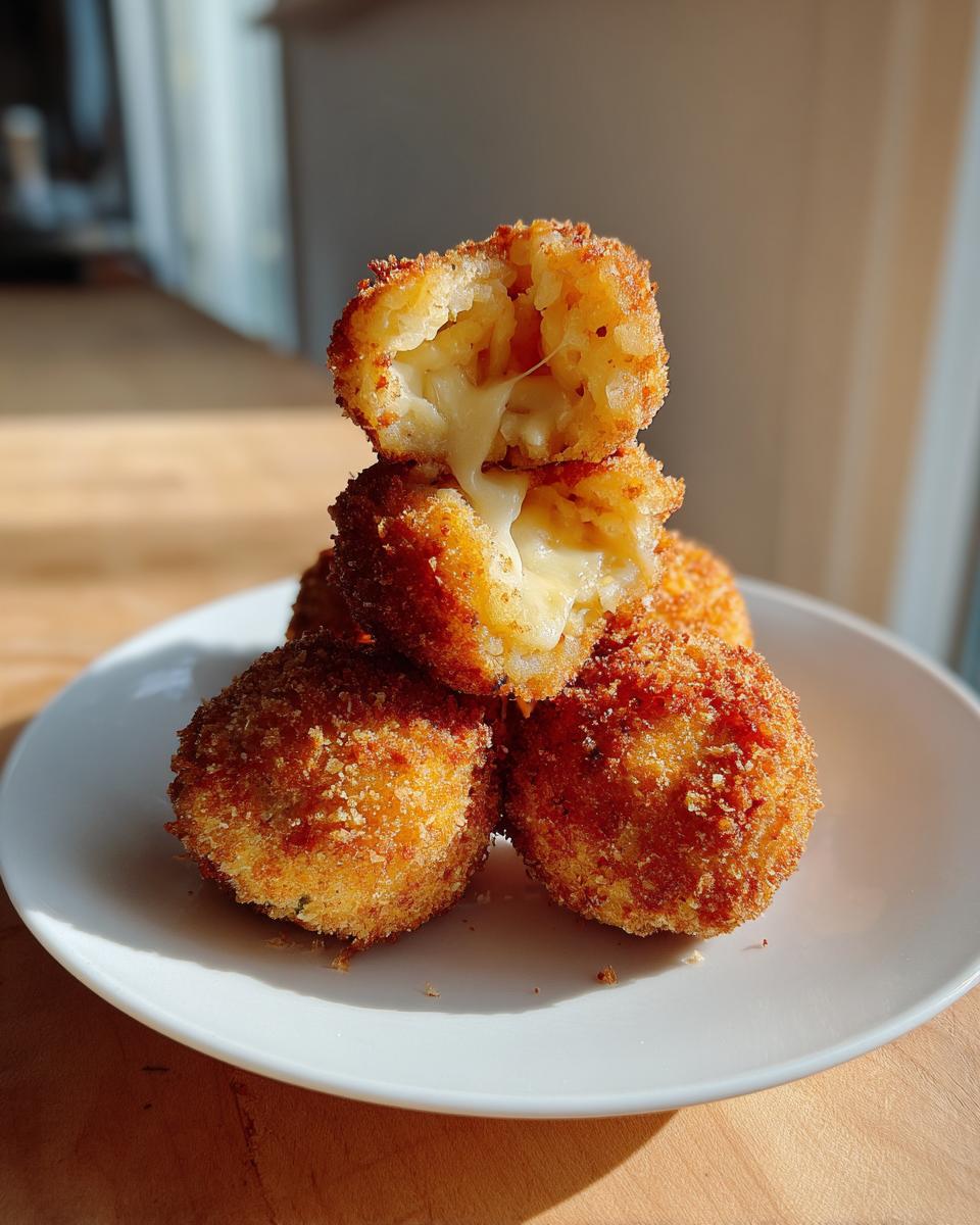 A stack of golden brown air fryer arancini, with the top one broken open revealing a gooey, melted cheese center.