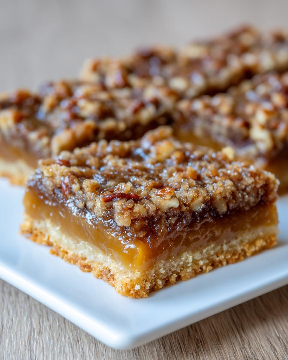 A close-up of a single, square caramelitas bar showing a thick caramel layer and a crunchy pecan topping on a shortbread crust.