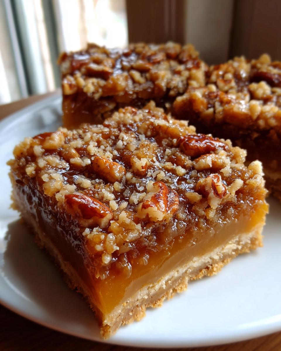 A close-up of a rich, gooey carmelitas bar slice showing the thick caramel layer and crunchy pecan topping on a white plate.